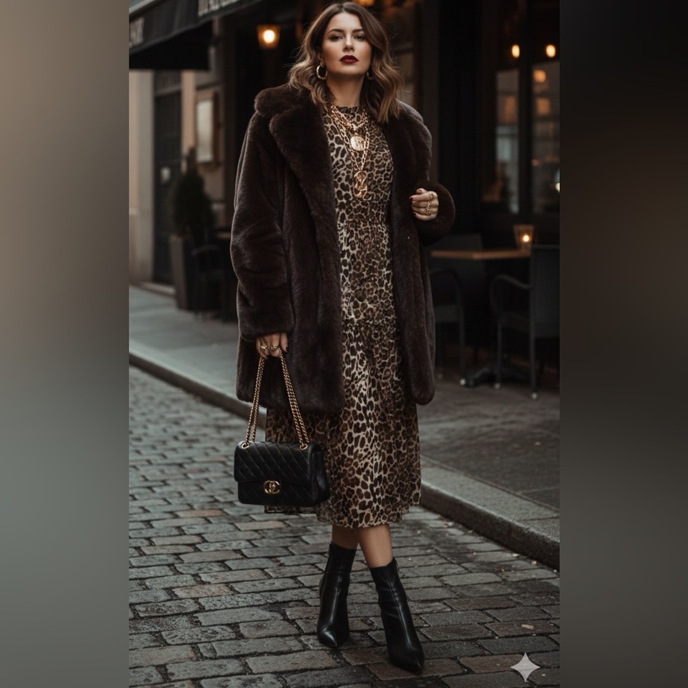 Everleigh Brown Leopard Tiered Midi Dress S